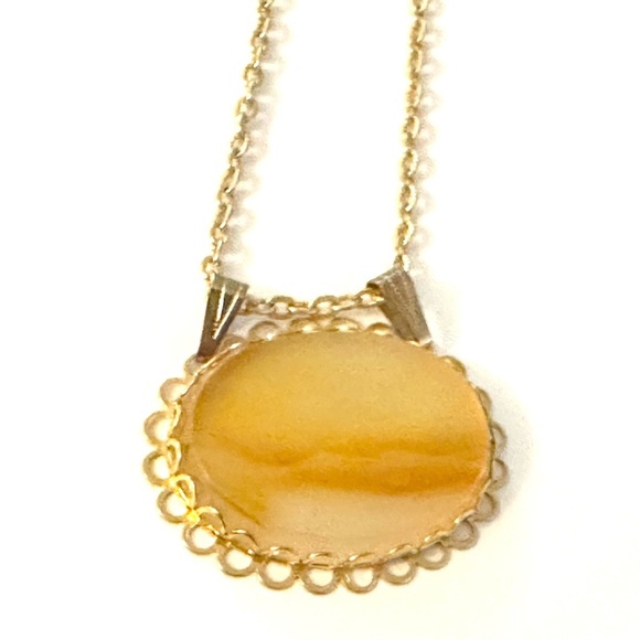 Yellow Orange Polished Glass Oval Necklace with Gold-Toned Chain - Picture 9 of 9